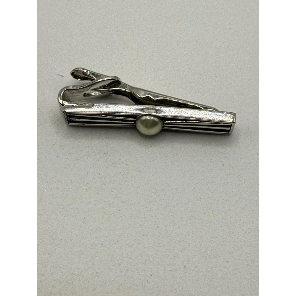 Swank Vintage Tie Clip Set Silver Tone Faux Pearl‎ Art Deco Rope Mid Century 2pc